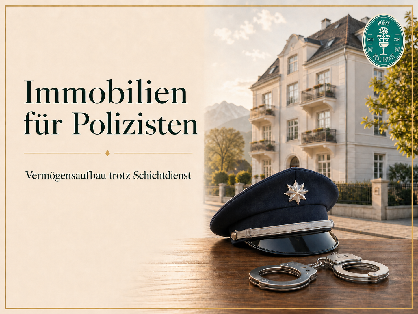 Polizeimütze, Handschellen und Roese-Real-Estate-Logo vor einer Wohnimmobilie – Kapitalanlage für Polizisten