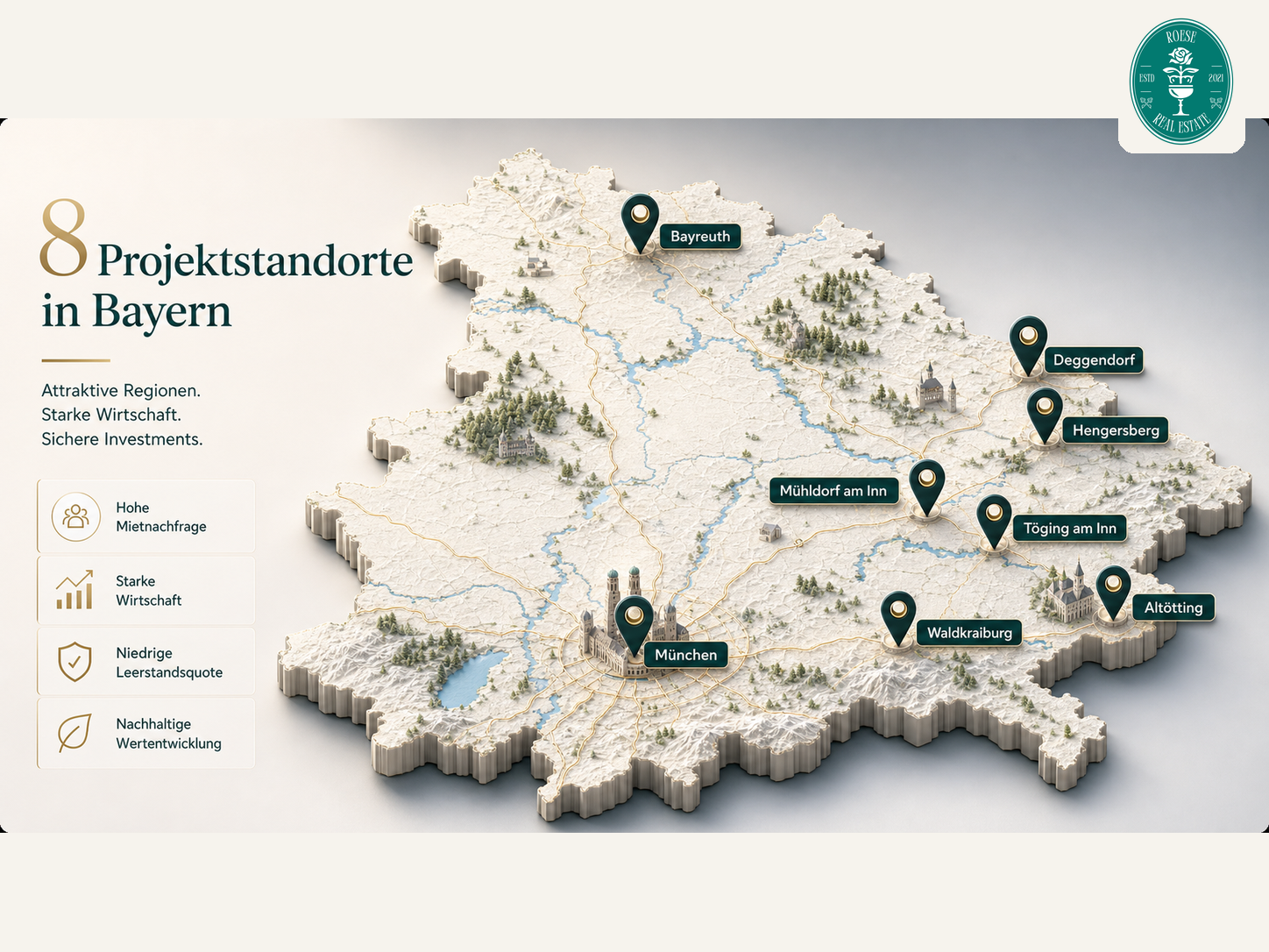 Acht Projektstandorte von Roese Real Estate in Bayern auf einer Karte