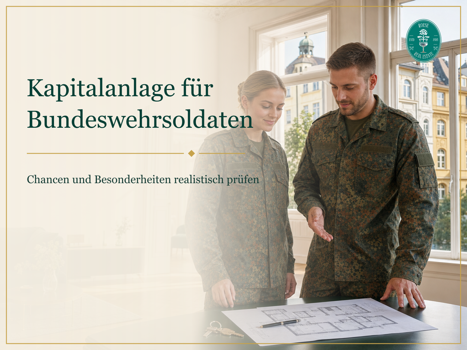 Bundeswehrsoldatin und Bundeswehrsoldat prüfen eine Immobilien-Kapitalanlage